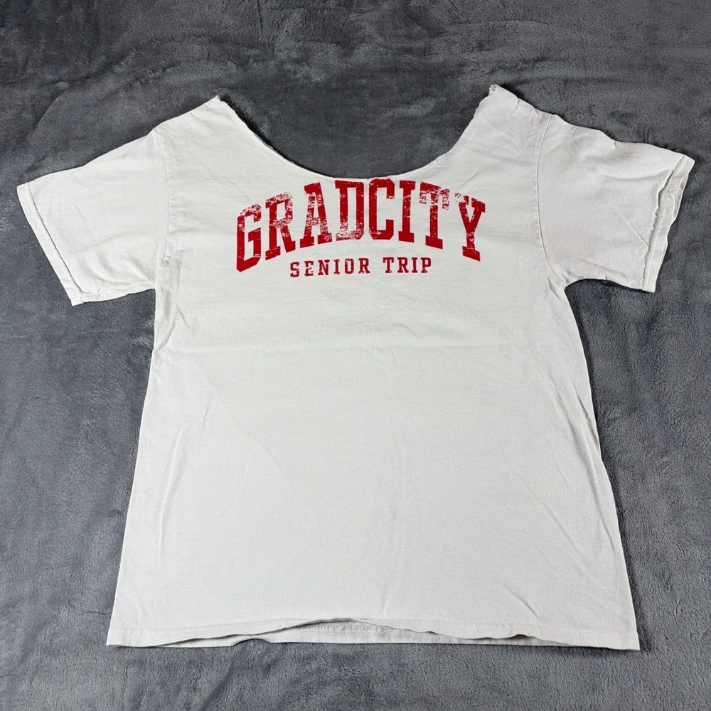 GradCity Senior Trip Graphic Tee White Red Raw Scoop Neck Custom Cut Top